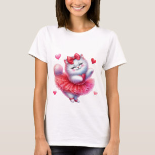 Schattige Gelukkige Ballerina Kat Knuffelt Hart Ku T-shirt