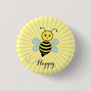 Schattige gelukkige bij en kalligrafie op gele zon ronde button 3,2 cm