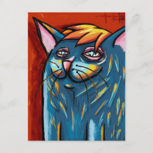 Schattige Gelukkige Blauwe Kat Digitale Oliepastel Briefkaart