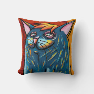 Schattige Gelukkige Blauwe Kat Digitale Oliepastel Kussen