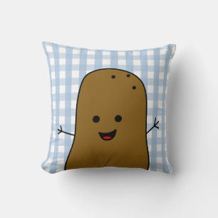 Schattige Gelukkige Bruine Aardappel Blauw Gingham Kussen