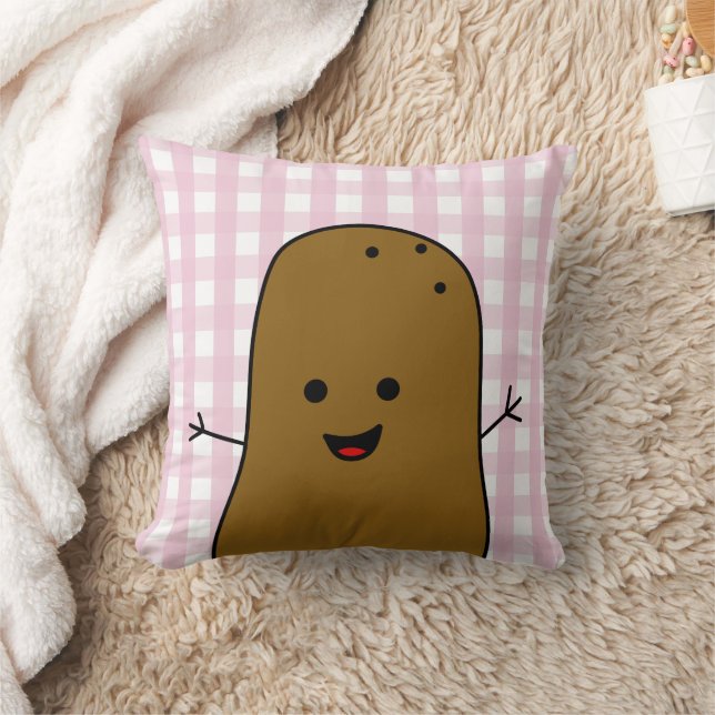 Schattige Gelukkige Bruine Aardappel Roze Gingham Kussen (Deken)