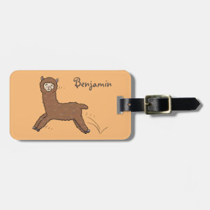 Schattige gelukkige bruine alpaca cartoon bagagelabel