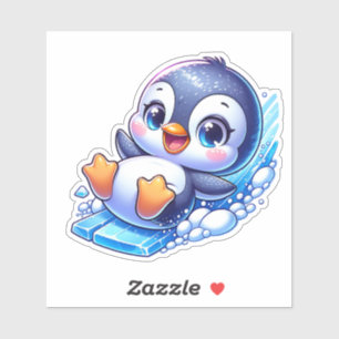 Schattige Gelukkige Cartoon Pinguïn Glijdend op Ij Sticker