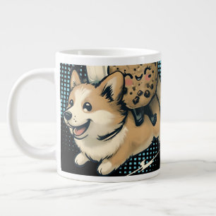 Schattige gelukkige Corgi puppy melk en koekjes Grote Koffiekop