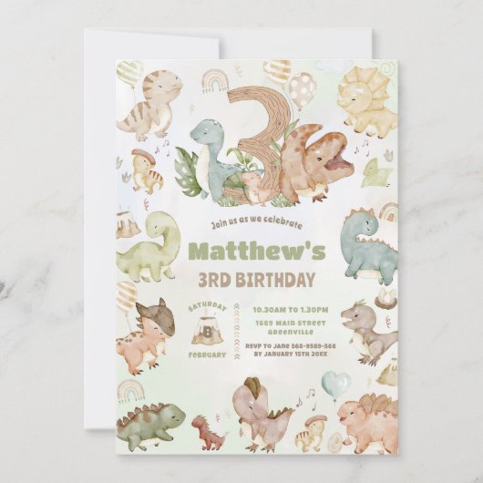 Schattige Gelukkige Dinosauriërs 3e Derde Verjaard Kaart (Voorkant)