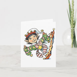 Schattige Gelukkige Elf Dansend, Retro Kerst Carto Feestdagen Kaart