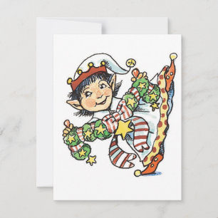 Schattige Gelukkige Elf Dansend, Retro Kerst Carto Feestdagenkaart