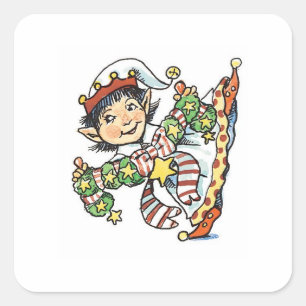 Schattige Gelukkige Elf Dansend, Retro Kerst Carto Vierkante Sticker