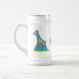 Schattige gelukkige giraffe met vlinder cartoon bierpul