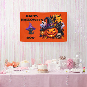 Schattige Gelukkige Halloween Boe Pompoen Heks Kat Spandoek