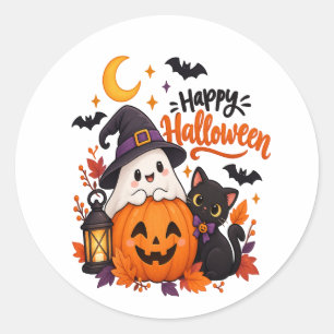 Schattige Gelukkige Halloween Geest Pompoen Zwarte Ronde Sticker