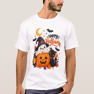 Schattige Gelukkige Halloween Geest Pompoen Zwarte T-shirt