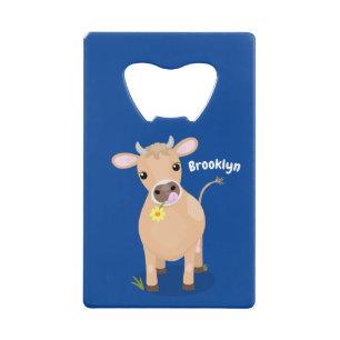Schattige gelukkige jersey koe en bloem cartoon creditkaart flessenopener
