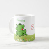 Schattige Gelukkige Kikker Zit op Gras Naam Initia Koffiemok (Voorkant links)
