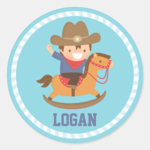 Schattige Gelukkige Kleine Cowboy op Schommelpaard Ronde Sticker