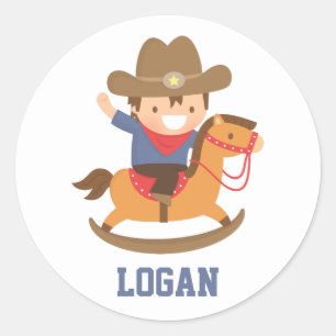 Schattige Gelukkige Kleine Cowboy op Schommelpaard Ronde Sticker