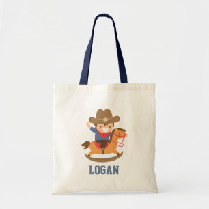 Schattige Gelukkige Kleine Cowboy op Schommelpaard Tote Bag