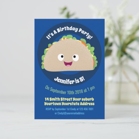 Schattige gelukkige lachende taco cartoonillustrat kaart (Staand voorkant)