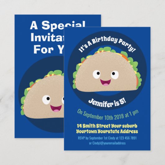 Schattige gelukkige lachende taco cartoonillustrat kaart (Voorkant / Achterkant)