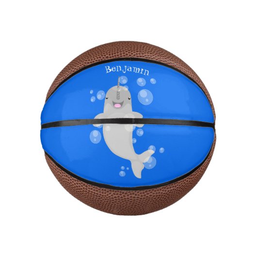 Schattige gelukkige narwal bubbels cartoon illustr basketbal (Voorkant)