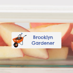 Schattige gelukkige oranje kruiwagen cartoon perso labels