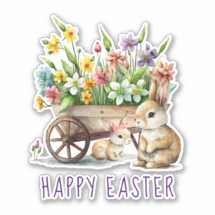 Schattige gelukkige Paashaasjes en Bloemen Sticker
