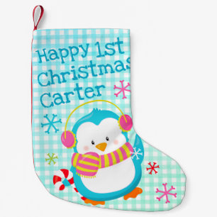 Schattige Gelukkige Pinguïn Moderne Baby 1e Kerstm Kleine Kerstsok