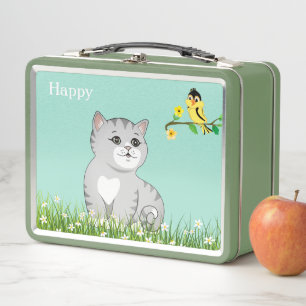 Schattige gelukkige tabbykat & kleine vogel op lic