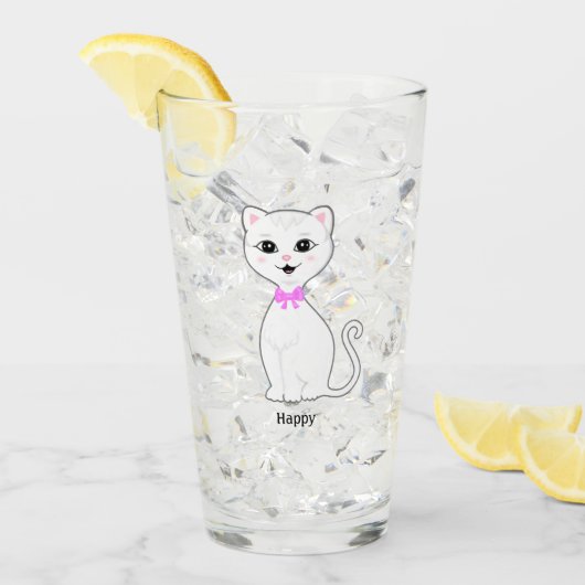 Schattige Gelukkige Witte Kat Cartoon Glas (Voorkant ijs)
