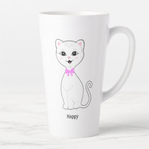 Schattige Gelukkige Witte Kat Cartoon Latte Mok