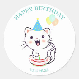 Schattige gelukkige witte kat met ballonnen verjaa ronde sticker