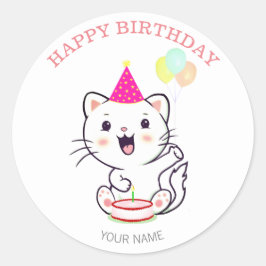 Schattige gelukkige witte kat met ballonnen verjaa ronde sticker