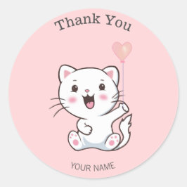 Schattige Gelukkige Witte Kat met Hartballon Dank  Ronde Sticker
