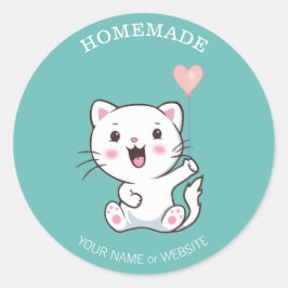 Schattige gelukkige witte kat met hartballon zelfg ronde sticker