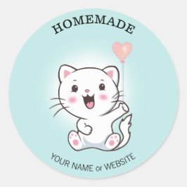 Schattige gelukkige witte kat met hartballon zelfg ronde sticker