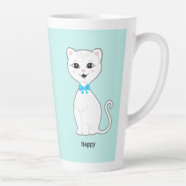 Schattige gelukkige witte kat op lichtblauw latte mok