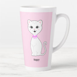 Schattige gelukkige witte kat op lichtroze latte mok