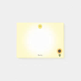 Schattige gelukkige zon en zonnebloem op gele acht post-it® notes