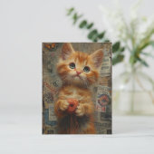Schattige gember kitten met garen collage briefkaart (Staand voorkant)
