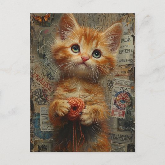 Schattige gember kitten met garen collage briefkaart (Voorkant)