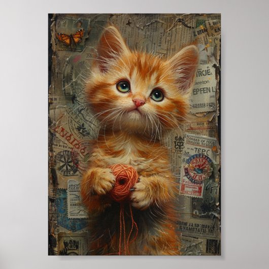Schattige gember kitten met garen collage poster (Voorkant)