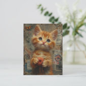 Schattige gember kitten met garen gemengde media briefkaart (Staand voorkant)
