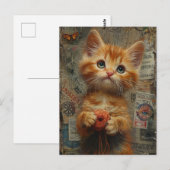 Schattige gember kitten met garen gemengde media briefkaart (Voorkant / Achterkant)