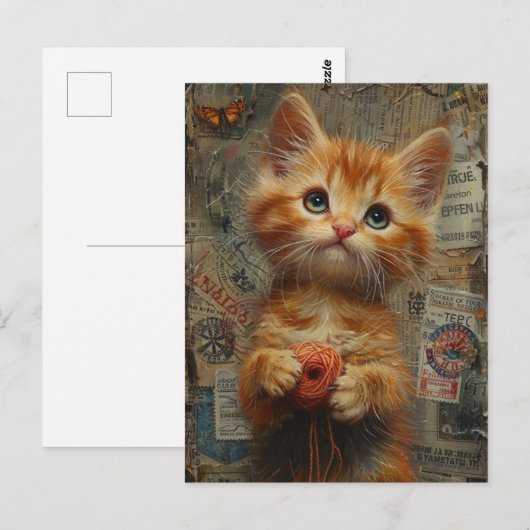 Schattige gember kitten met garen gemengde media briefkaart (Voorkant / Achterkant)