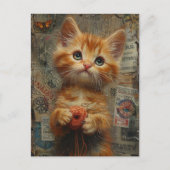 Schattige gember kitten met garen gemengde media briefkaart (Voorkant)