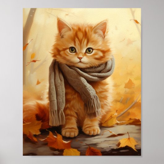Schattige gember kitten met sjaal - herfst Poster (Voorkant)