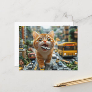 Schattige gemberkat eet een auto briefkaart