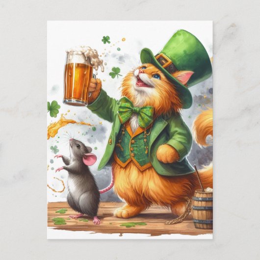 Schattige gemberkat en een muis met bier briefkaart (Voorkant)