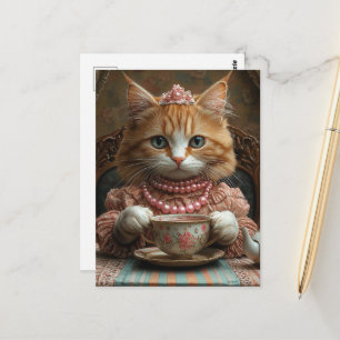 Schattige gemberkat gekleed in roze bij de thee briefkaart